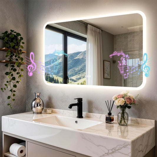 LUVODI Rounded Corner LED Mirror with Bluetooth Speaker Lighted Bathroom Vanity Mirror