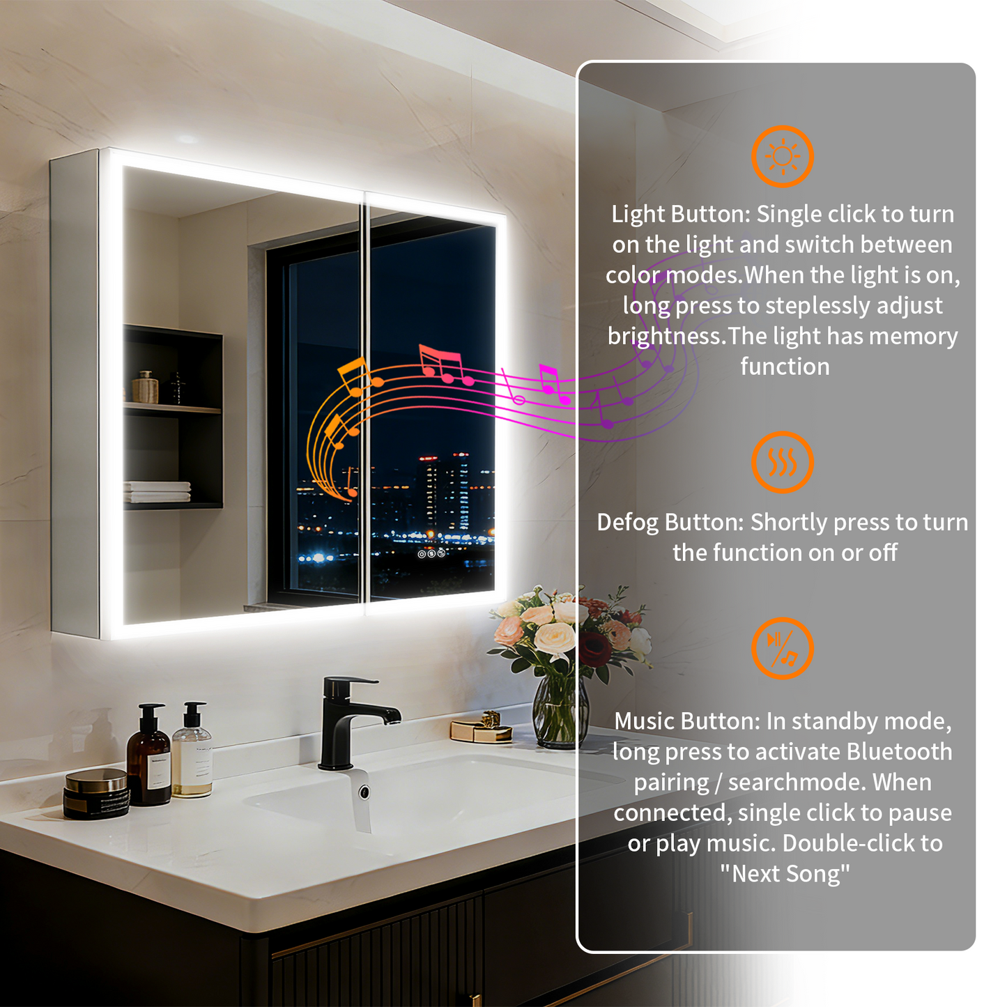 Luvodi - Botiquín LED de 32 x 28 pulgadas con espejo y Bluetooth para baño, antivaho y toma de corriente