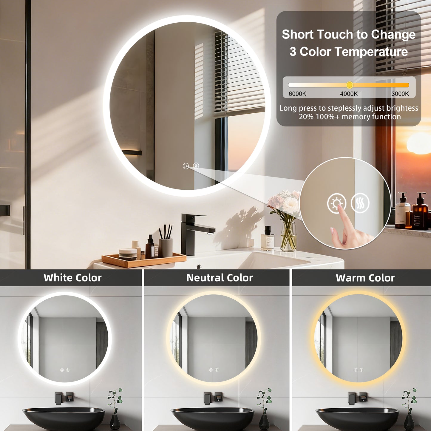 Espejo de tocador redondo con luz LED frontal LUVODI, antivaho, 3 colores, 2 botones