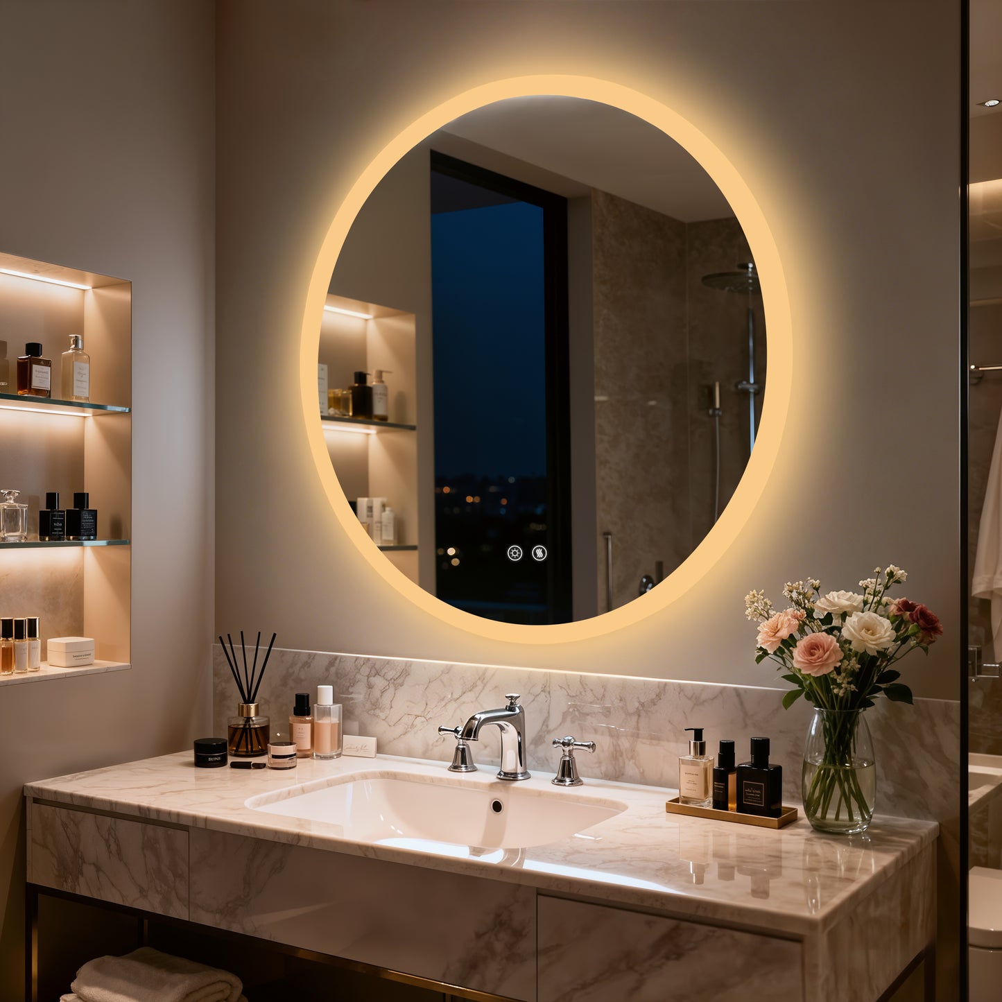 LUVODI 28 in Round Bathroom Mirror with Lights Tempered Glass(2 Buttons)