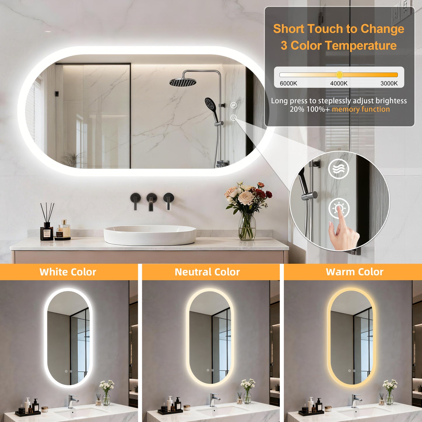 LUVODI Long Oval LED Bathroom Mirror, Tempered Glass Front Lit Vanity Mirror (2 Buttons)