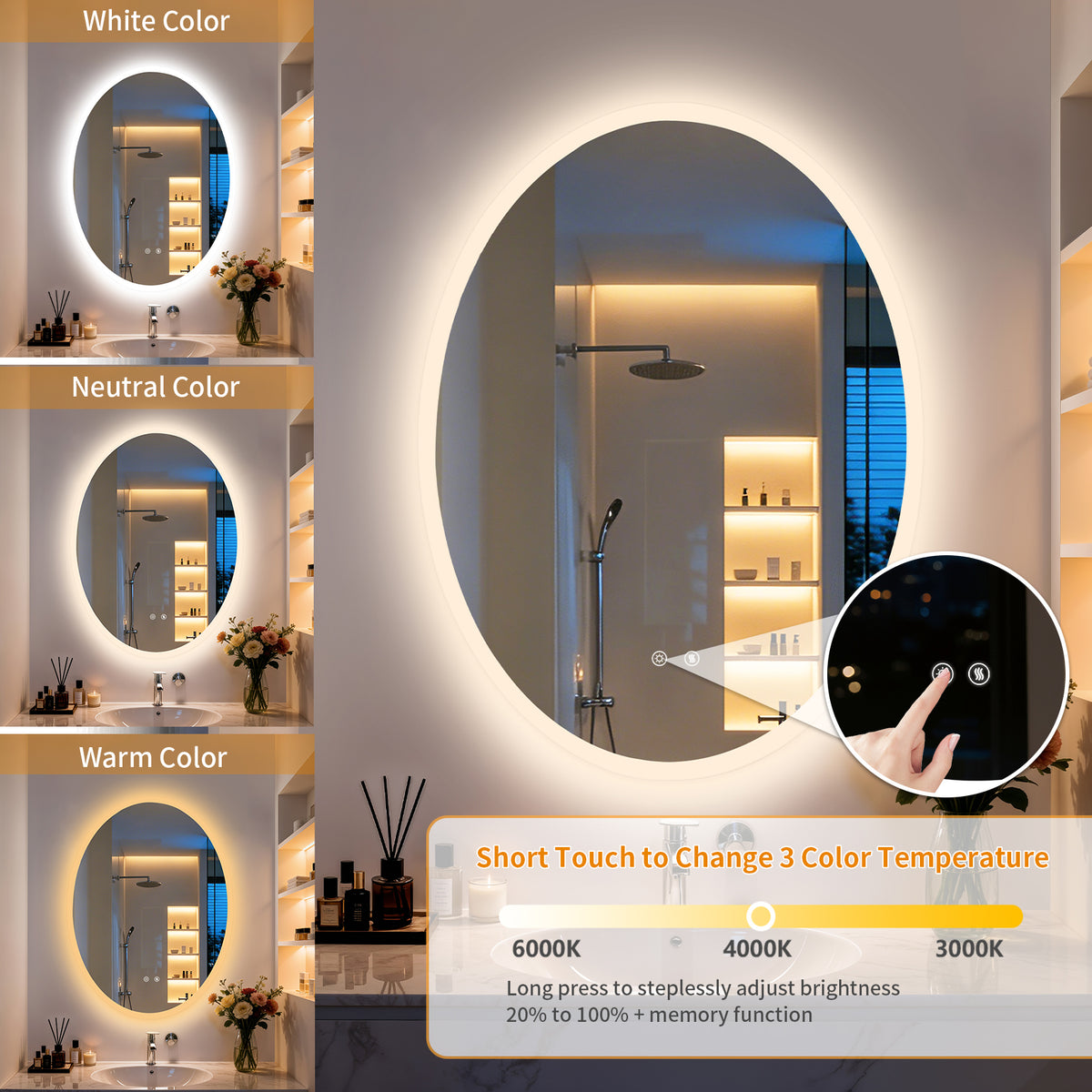 LUVODI Oval LED Bathroom Mirror, Tempered Glass (Glowing Outer Edge)