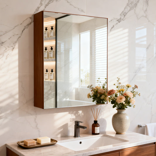 Mid Century Medicine Cabinet with Mirror, Double Mirror Doors, With Sensor Light