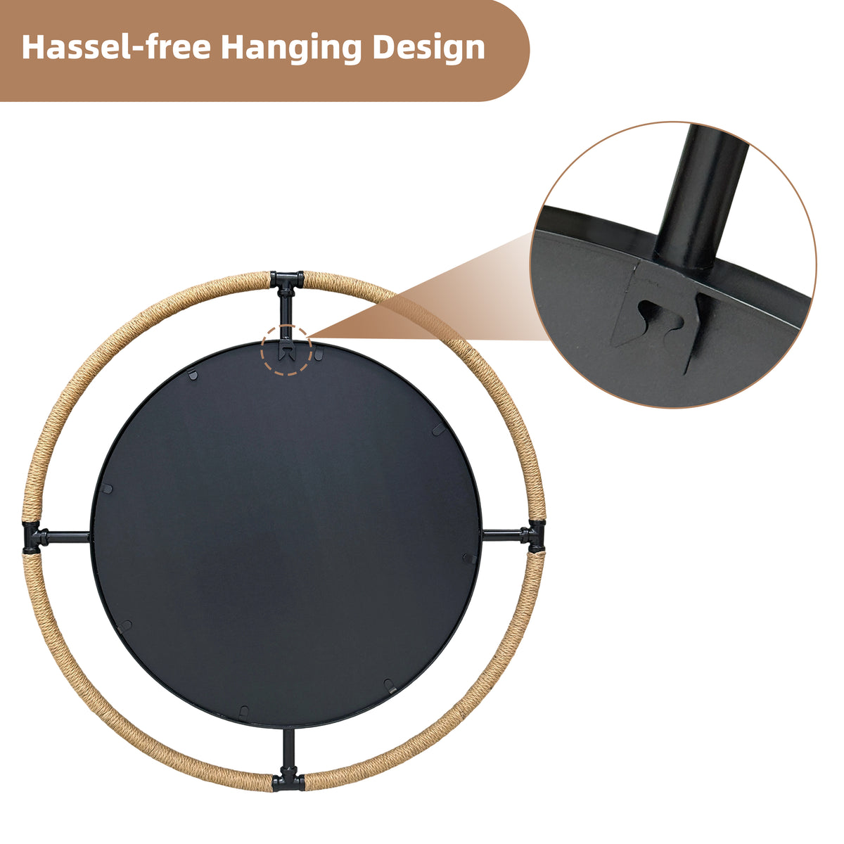31.5'' Farmhouse Round Mirror, Large Rustic Round Wall Mirror with Hemp Rope