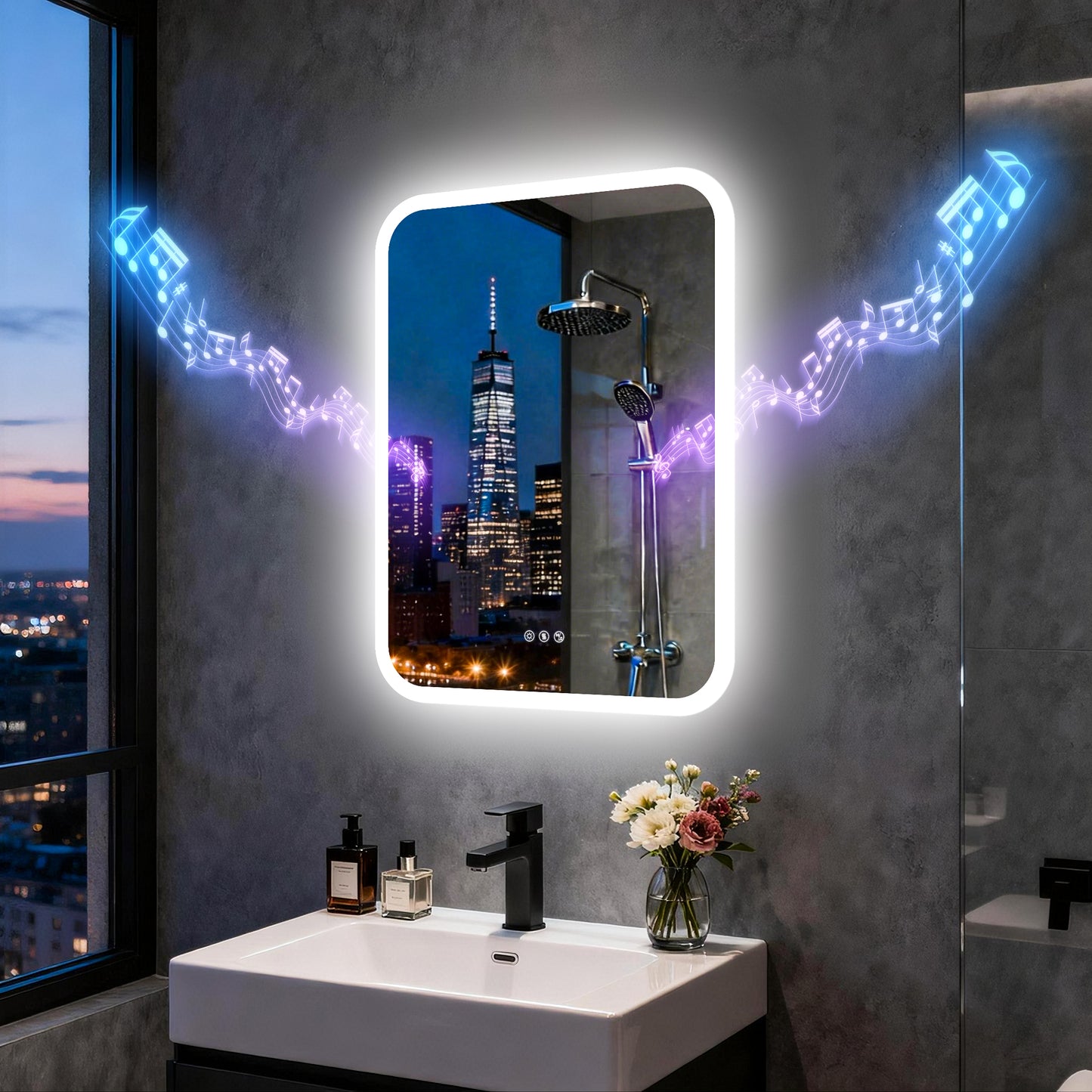 LUVODI Rounded Corner LED Mirror with Bluetooth Speaker Lighted Bathroom Vanity Mirror