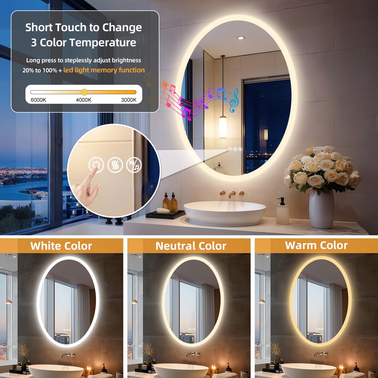 Espejo de baño LED con Bluetooth y altavoces LUVODI, antivaho e iluminado, 23,6 x 31,5 pulgadas