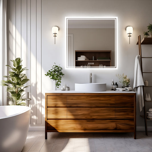 LUVODI 80x80cm Square LED Bathroom Mirror Anti-fog, 3-color Stepless Dimming(Glowing Outer Edge)