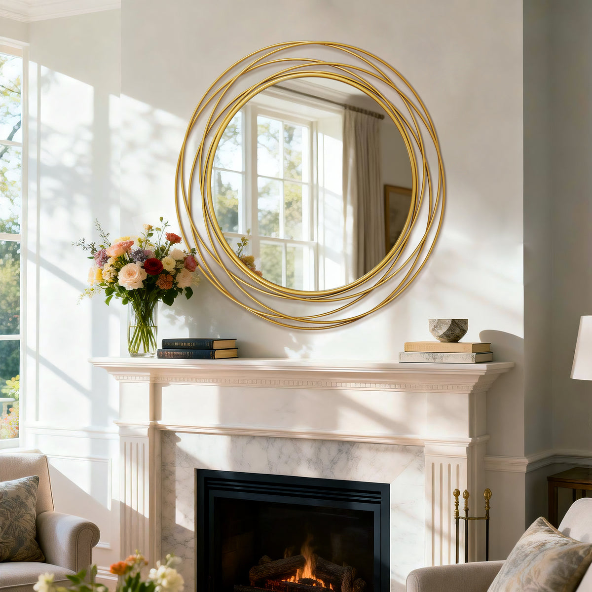 31.5in Large Round Decorative Mirrors, Metal Wire Frame Wall Mirror, Black & Gold