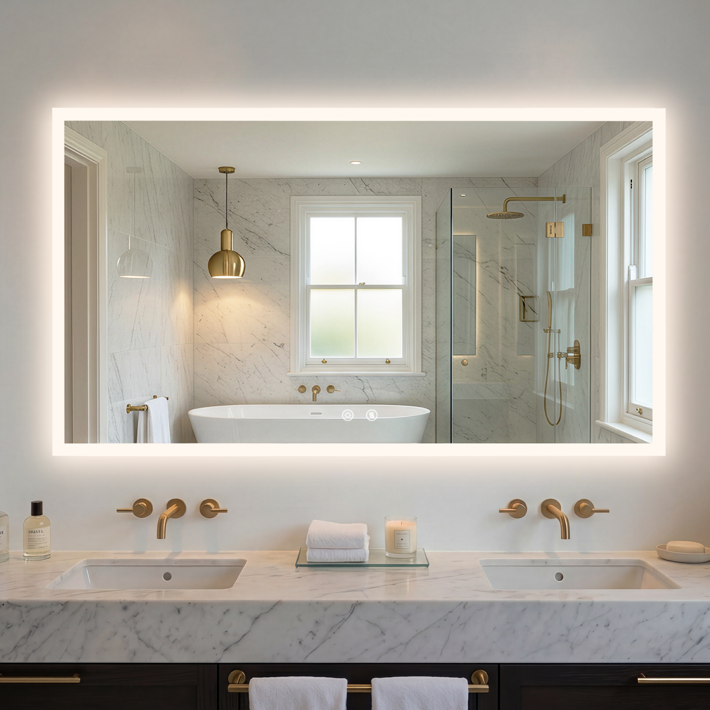 LUVODI Rectangular LED Bathroom Mirror with Defogger, Front-Lit Wall Mounted Vanity Mirror