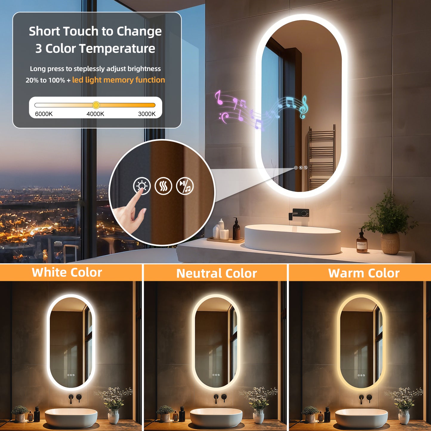 Espejo de baño ovalado con luz LED y Bluetooth LUVODI, espejo de tocador de pared (sin pantalla)