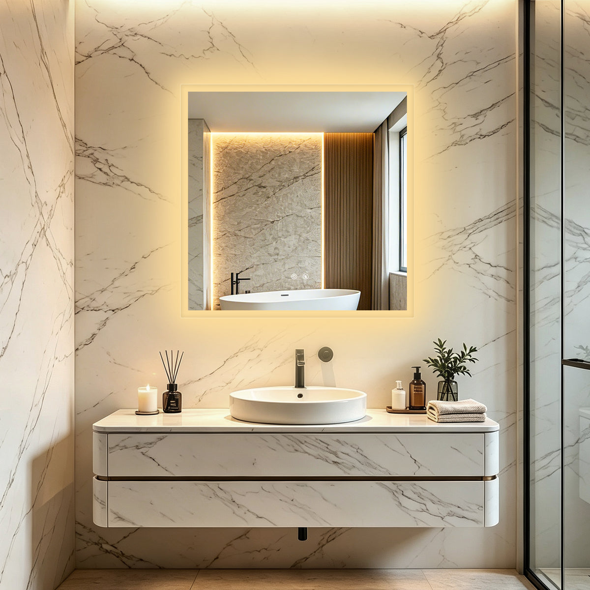 LUVODI LED Square Bathroom Mirror, Tempered Glass Lighted Vanity Mirror(Growing Outer Edge)