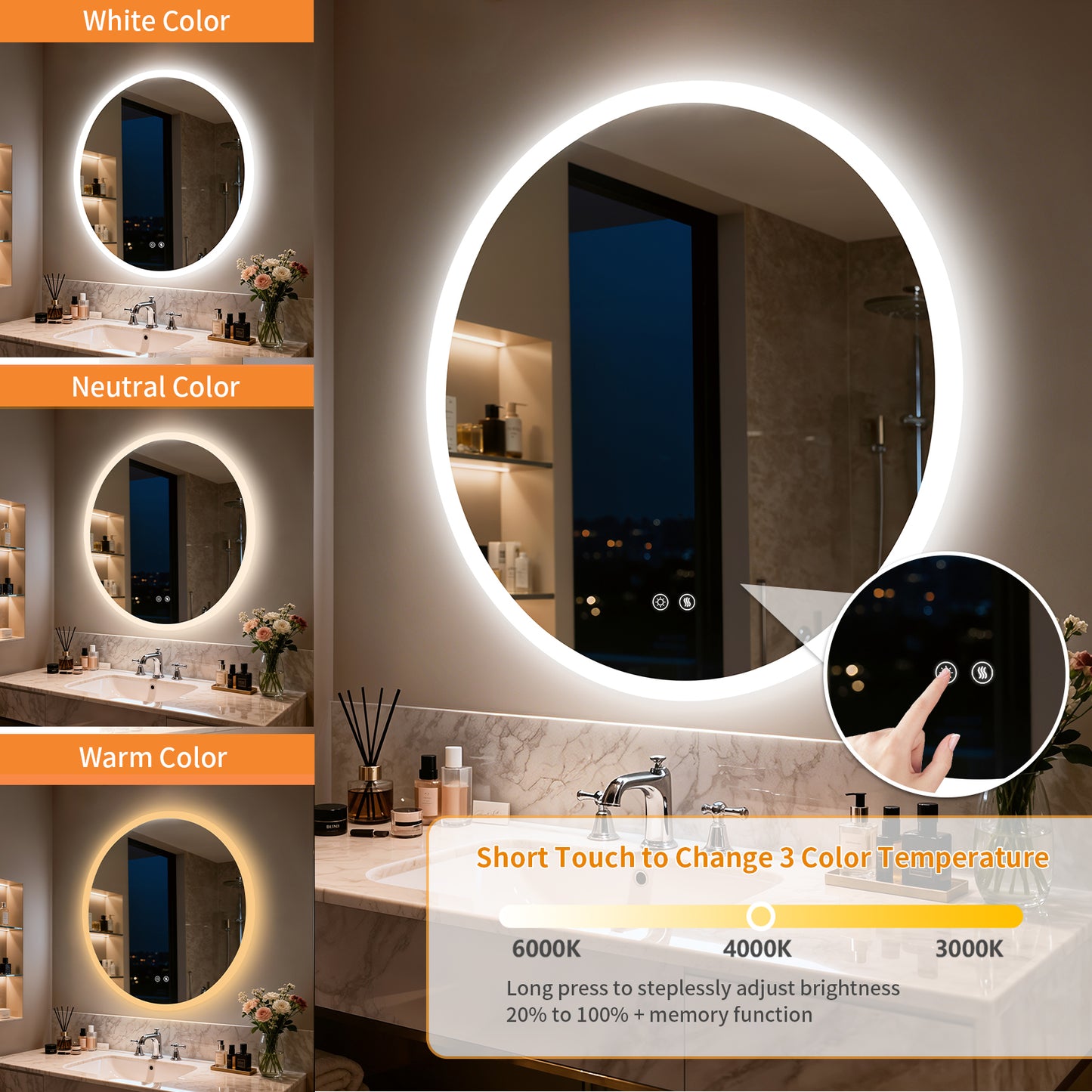 LUVODI 28 in Round Bathroom Mirror with Lights Tempered Glass(2 Buttons)