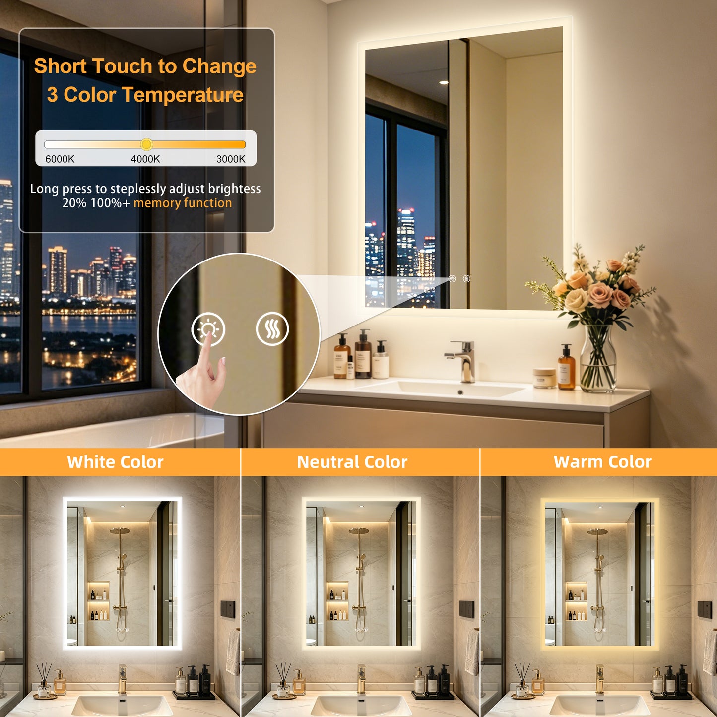 LUVODI 28x36” Rectangular LED Bathroom Mirror Tempered Glass Bathroom Mirror With Light