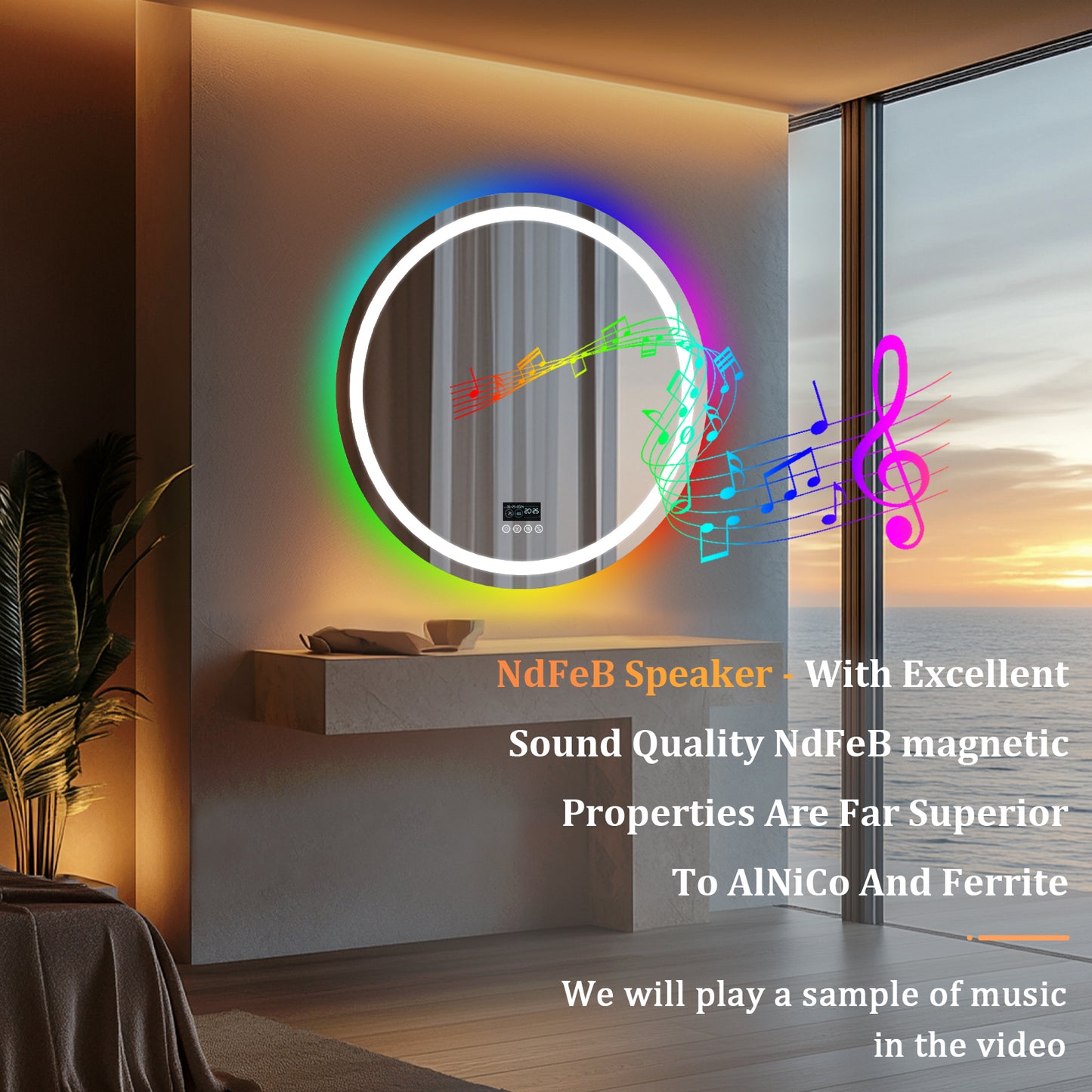 LUVODI Round LED Bluetooth Bathroom Mirror with RGB Backlit