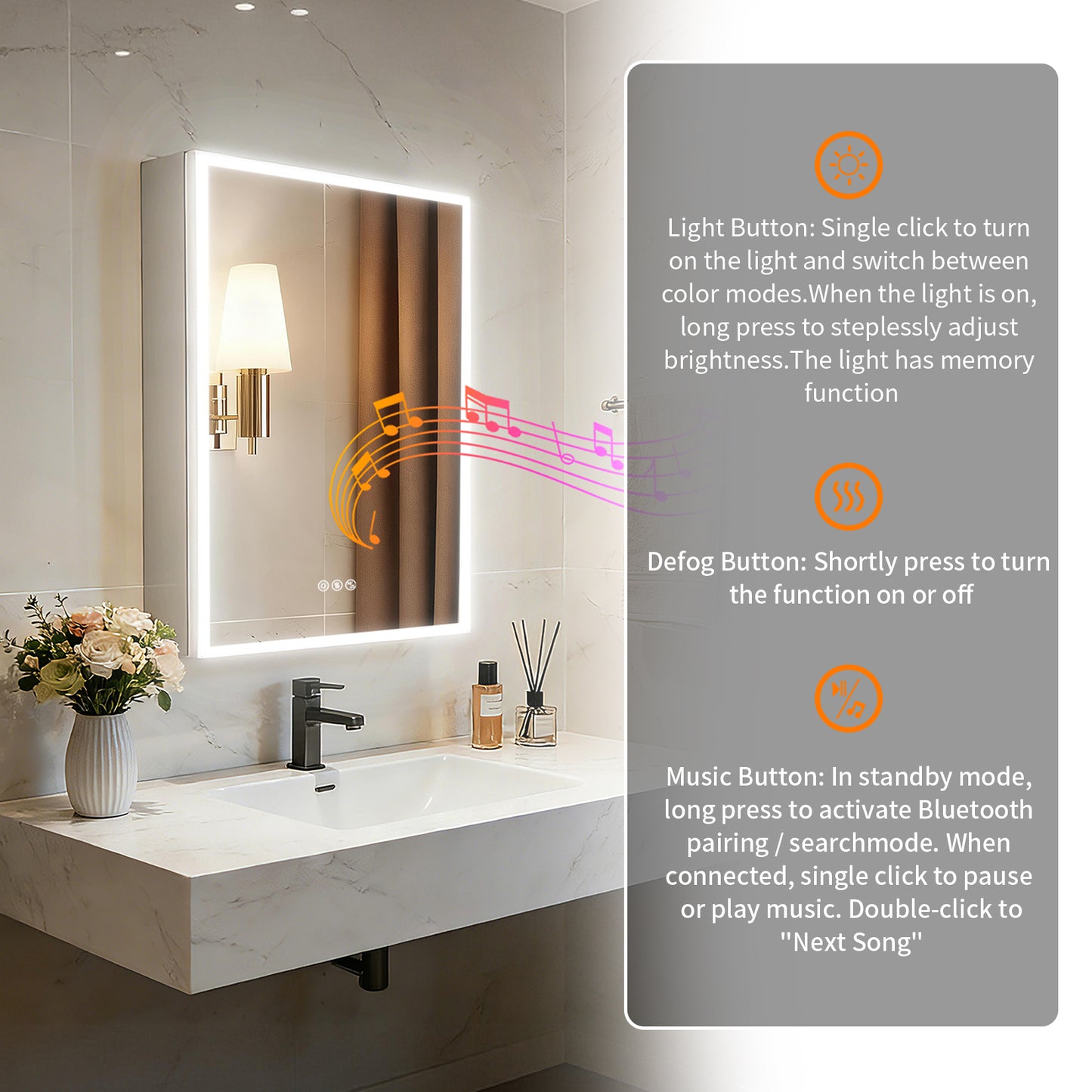 Luvodi - Armario de baño con espejo LED, altavoz Bluetooth, botiquín iluminado y toma de corriente (50 x 70 cm)