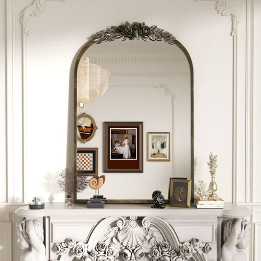 Vintage Arched Art Mirror with Flower Relief Frame for Living Room, Fireplace, 23.8”x36”