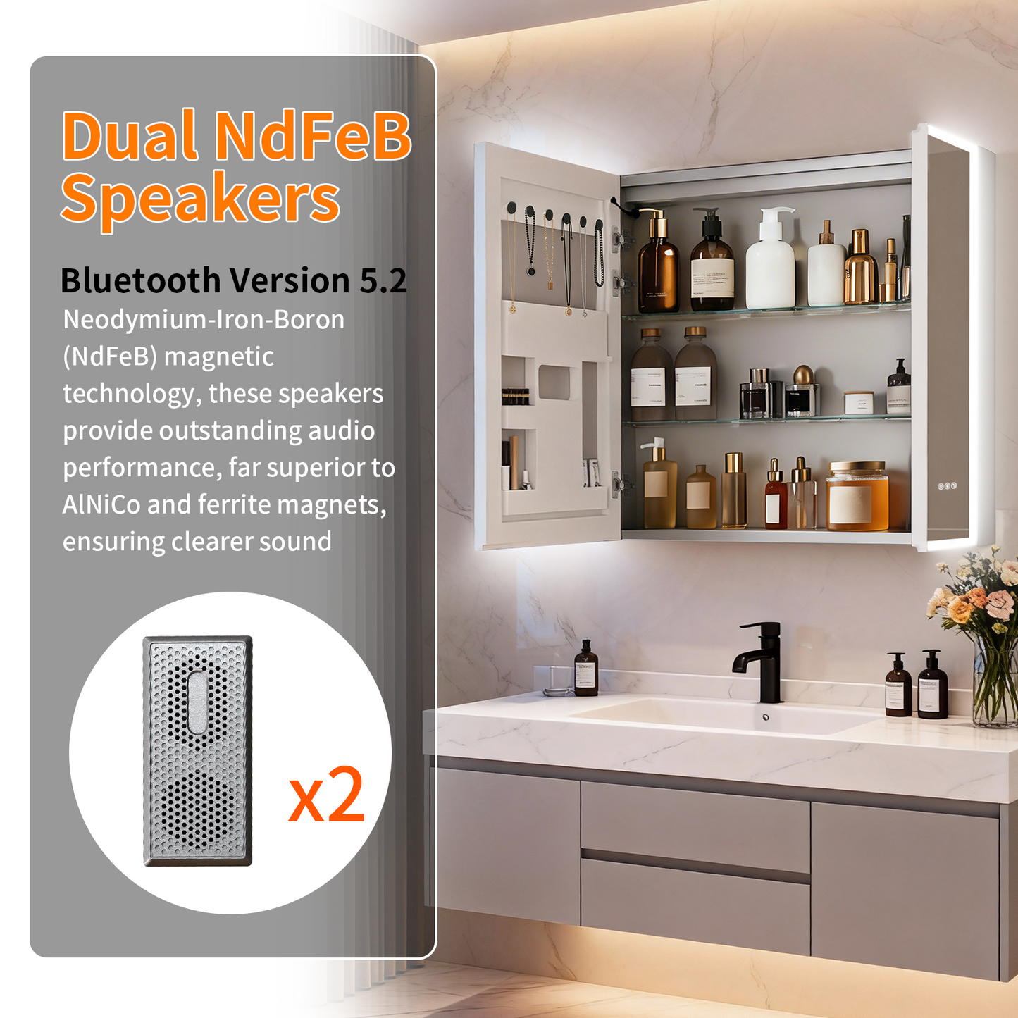 Luvodi - Botiquín LED de 32 x 28 pulgadas con espejo y Bluetooth para baño, antivaho y toma de corriente