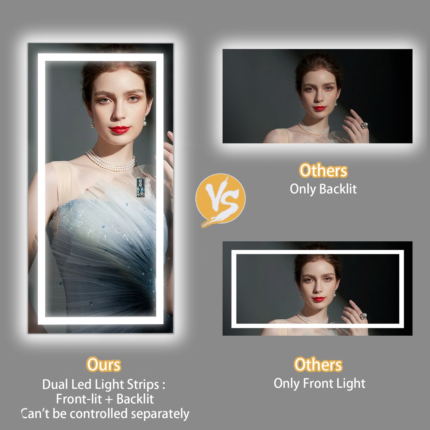 LUVODI LED Rectangular Bluetooth Mirror with Samrt Display Horizontal Hanging