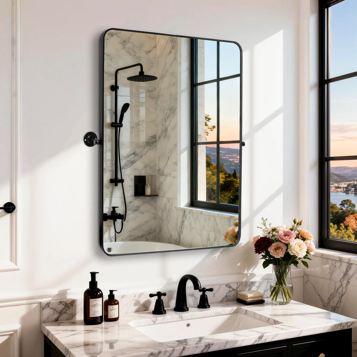 Black Framed Pivot Bathroom Mirror, Adjustable Tilt Wall Mirror