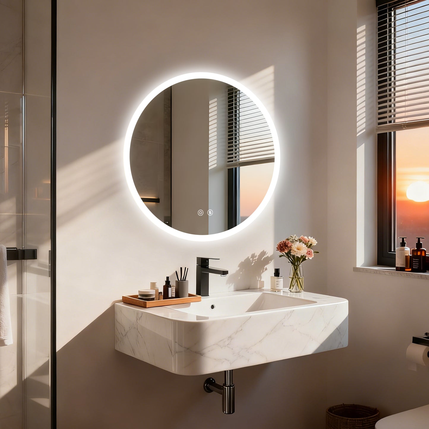 Espejo de tocador redondo con luz LED frontal LUVODI, antivaho, 3 colores, 2 botones
