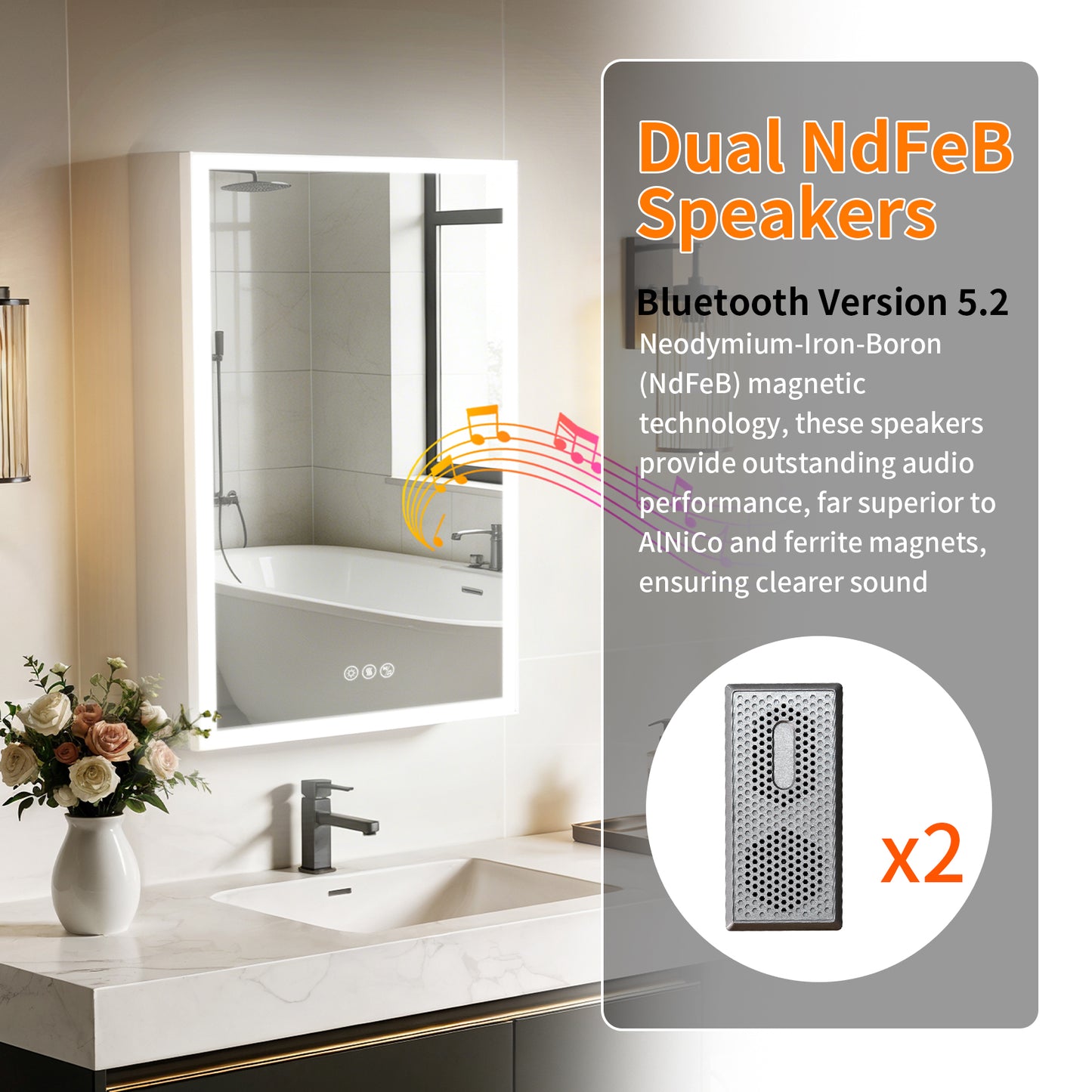 Luvodi - Armario de baño con espejo LED, altavoz Bluetooth, botiquín iluminado y toma de corriente (50 x 70 cm)