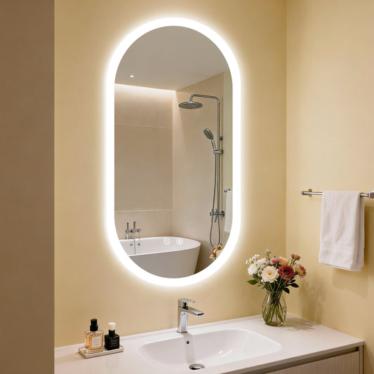 LUVODI Long Oval LED Bathroom Mirror, Tempered Glass Front Lit Vanity Mirror (2 Buttons)