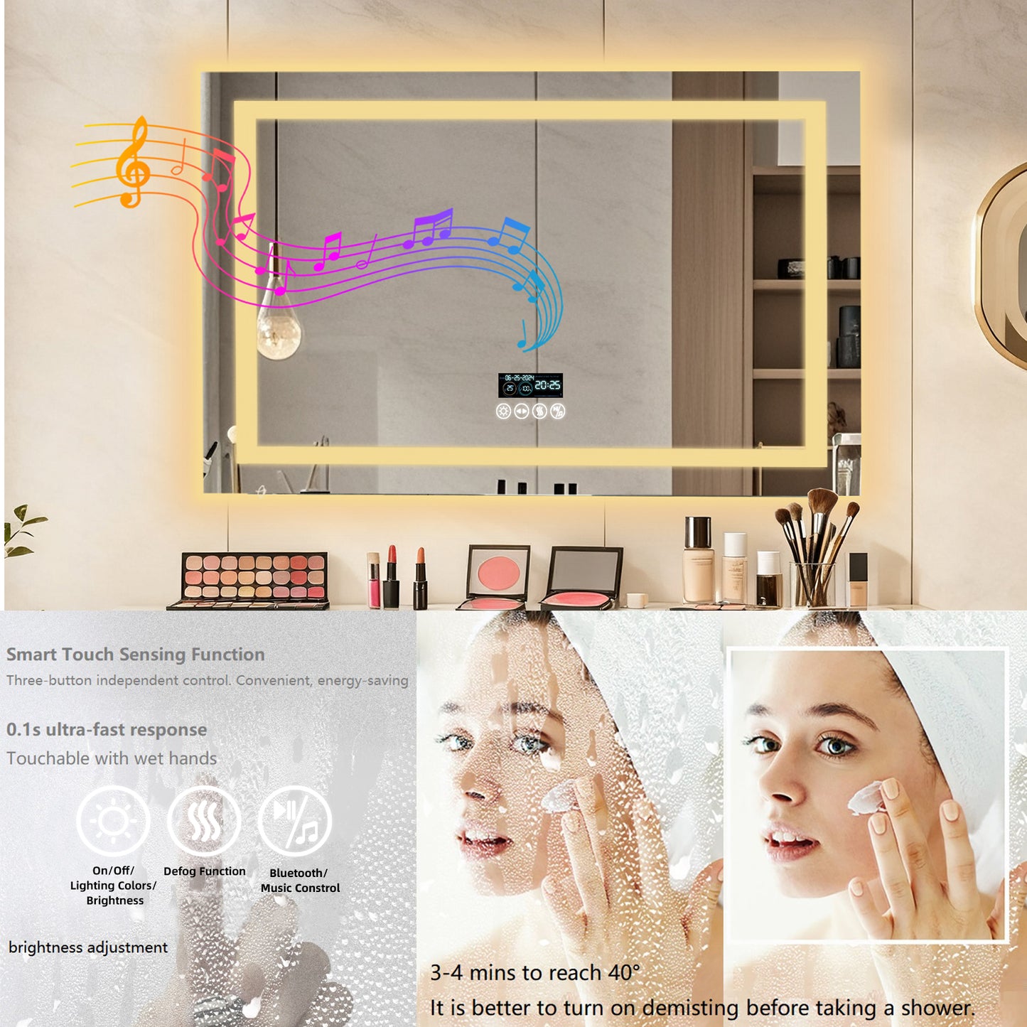 Espejo de baño LED LUVODI con altavoz Bluetooth, espejo de tocador inteligente rectangular con pantalla