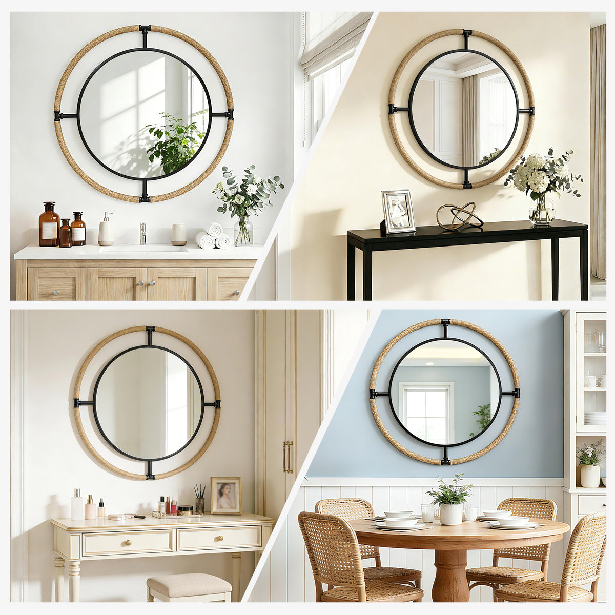 31.5'' Farmhouse Round Mirror, Large Rustic Round Wall Mirror with Hemp Rope