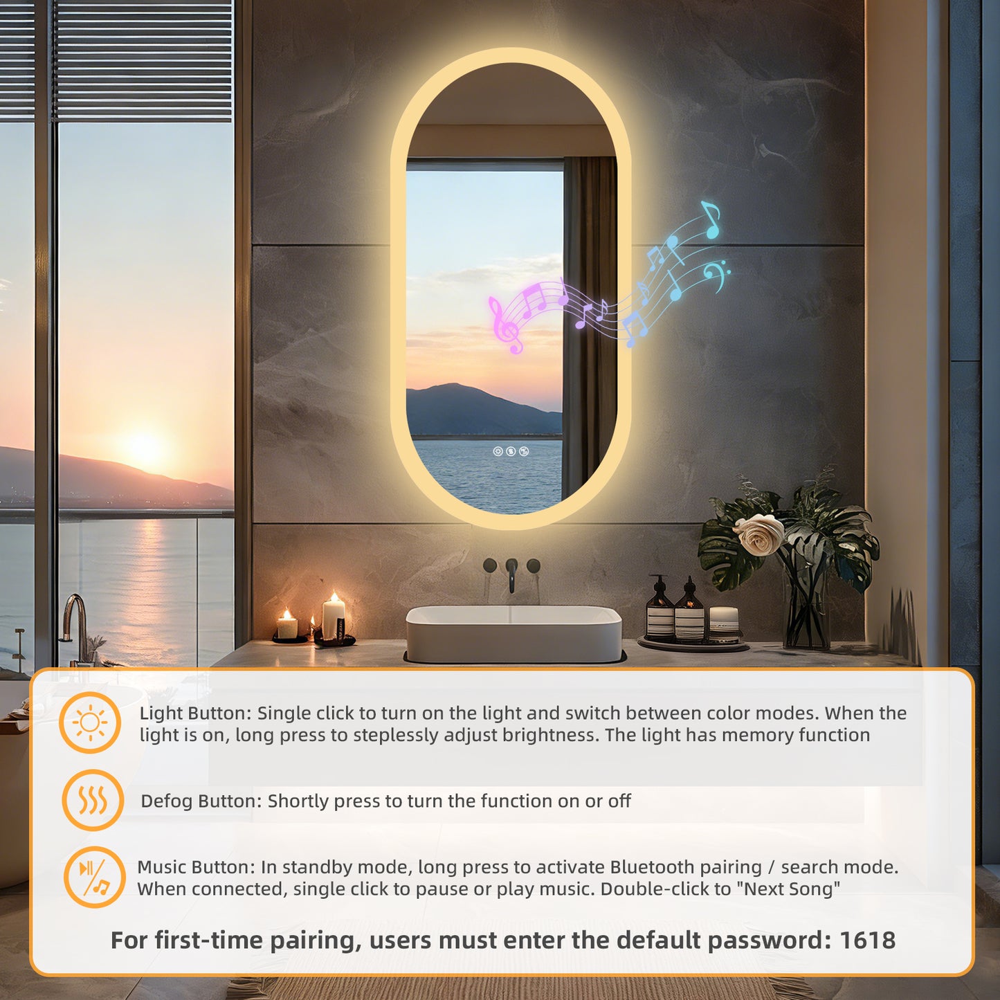 Espejo de baño ovalado con luz LED y Bluetooth LUVODI, espejo de tocador de pared (sin pantalla)