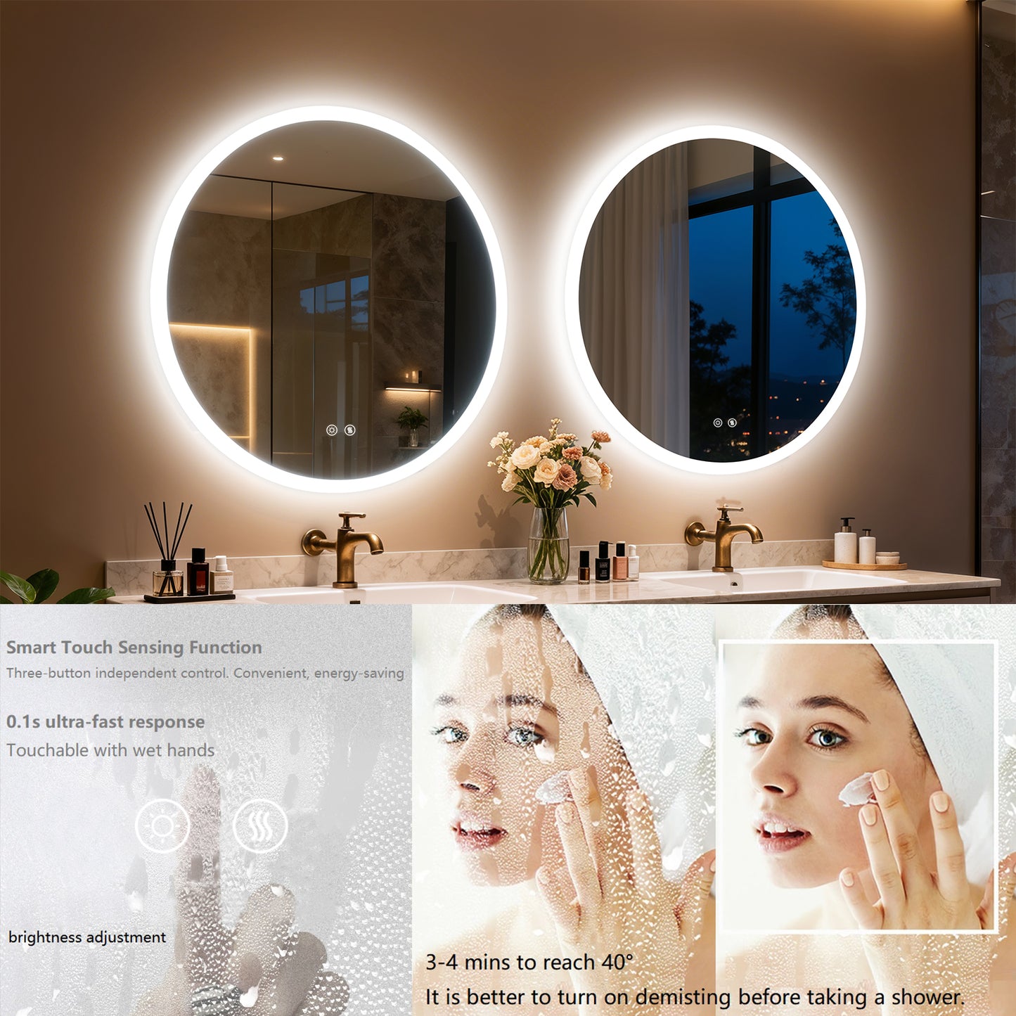 LUVODI 28 in Round Bathroom Mirror with Lights Tempered Glass(2 Buttons)