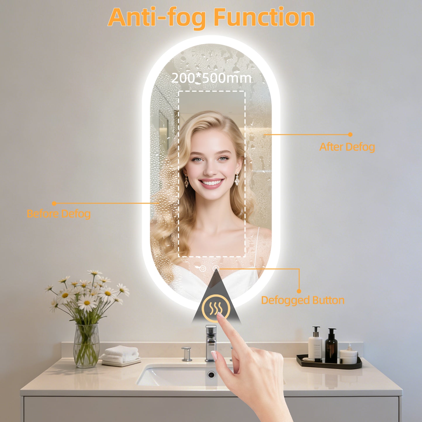LUVODI Long Oval LED Bathroom Mirror, Tempered Glass Front Lit Vanity Mirror (2 Buttons)