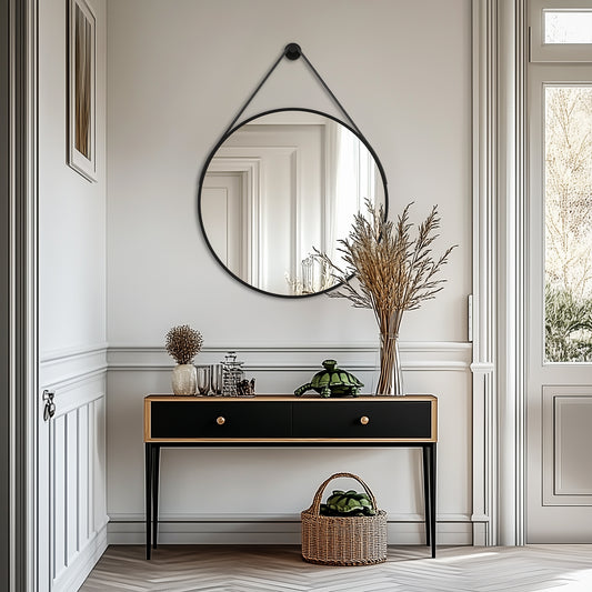 Black Round Mirror With Hanging Rope For Living Room, Bedroom, Entryway