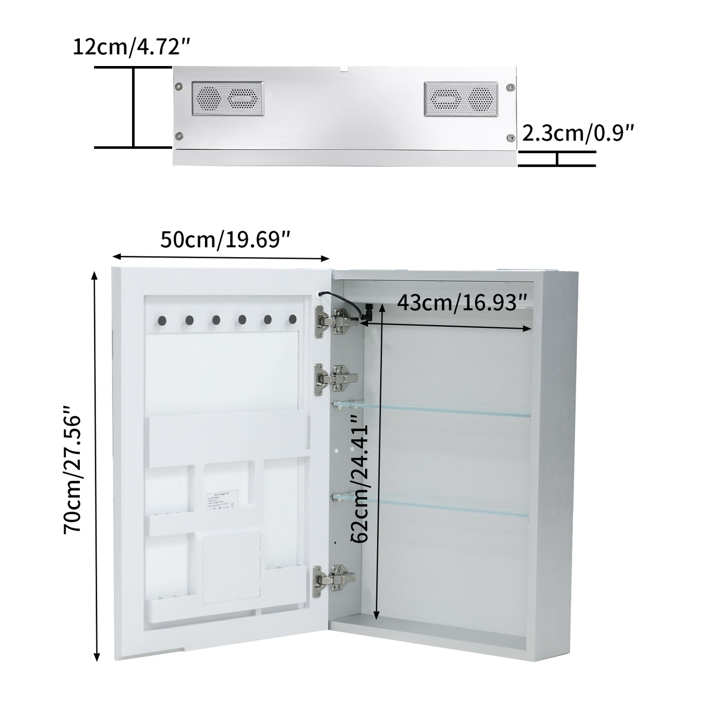 Luvodi - Armario de baño con espejo LED, altavoz Bluetooth, botiquín iluminado y toma de corriente (50 x 70 cm)
