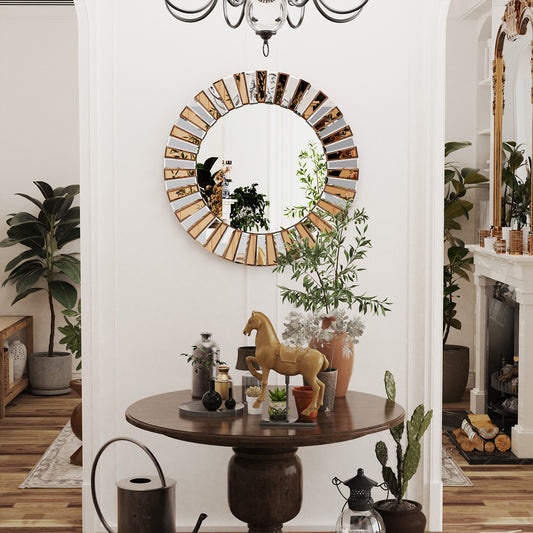 Contemporary Decorative Wall Mirror Round Starburst Mirror w/ Glass Beveled Edge for Living Room