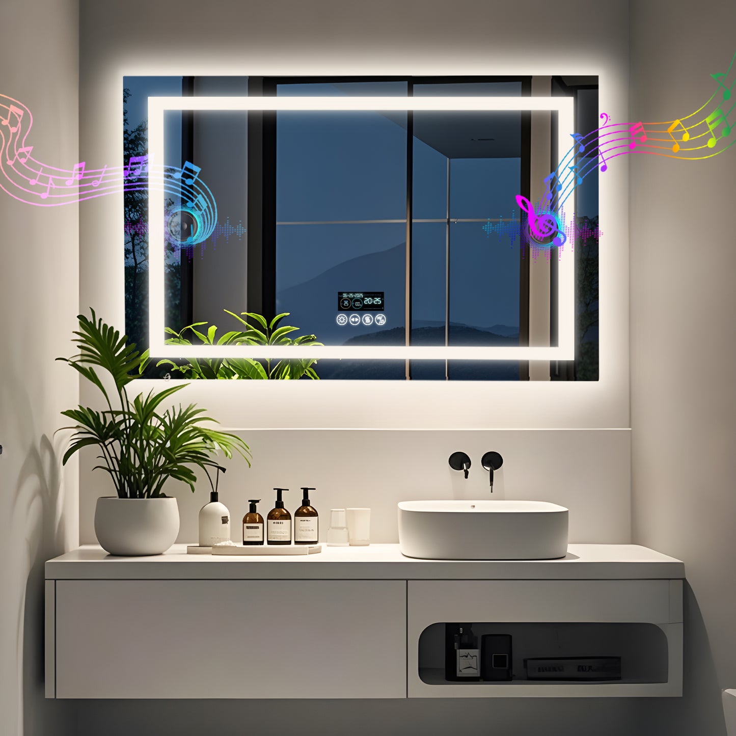 Espejo de baño LED LUVODI con altavoz Bluetooth, espejo de tocador inteligente rectangular con pantalla