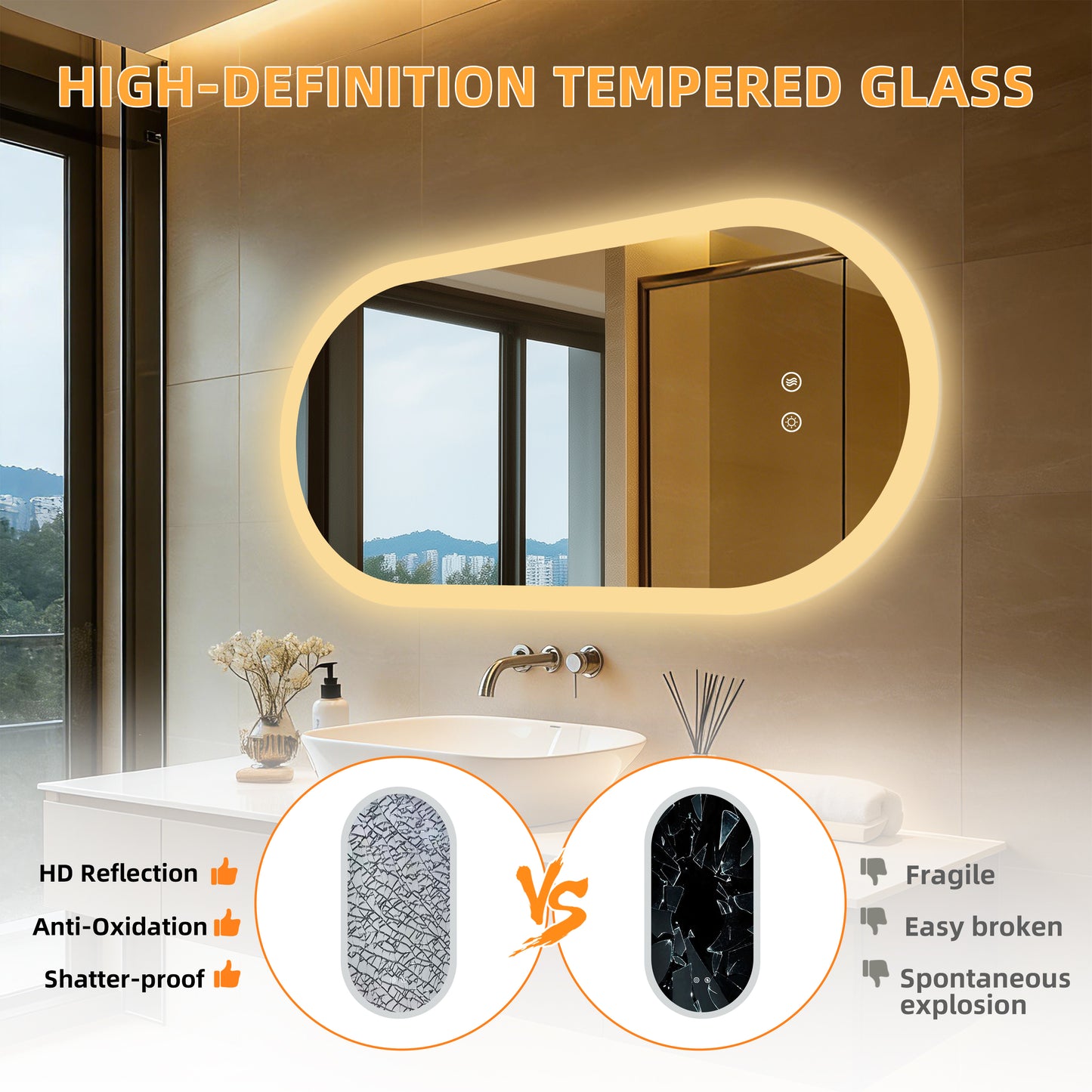 LUVODI Long Oval LED Bathroom Mirror, Tempered Glass Front Lit Vanity Mirror (2 Buttons)