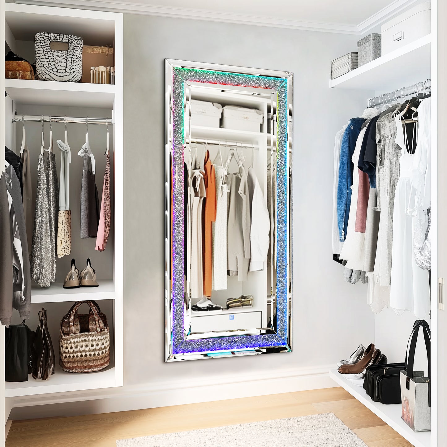 Full Length Mirror with RGB Lights Wall Hanging Mirror Crush Diamond Inlay for Living Room, Bedrooms, Cloakrooms