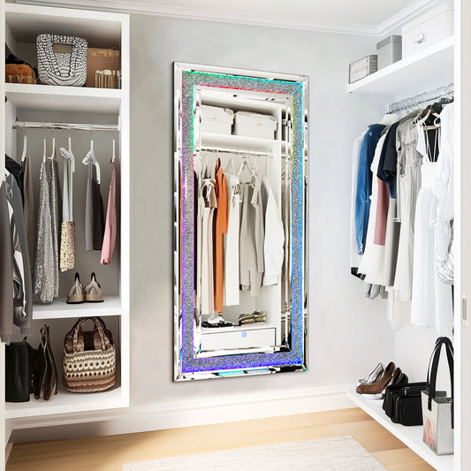 Full Length Mirror with RGB Lights Wall Hanging Mirror Crush Diamond Inlay for Living Room, Bedrooms, Cloakrooms