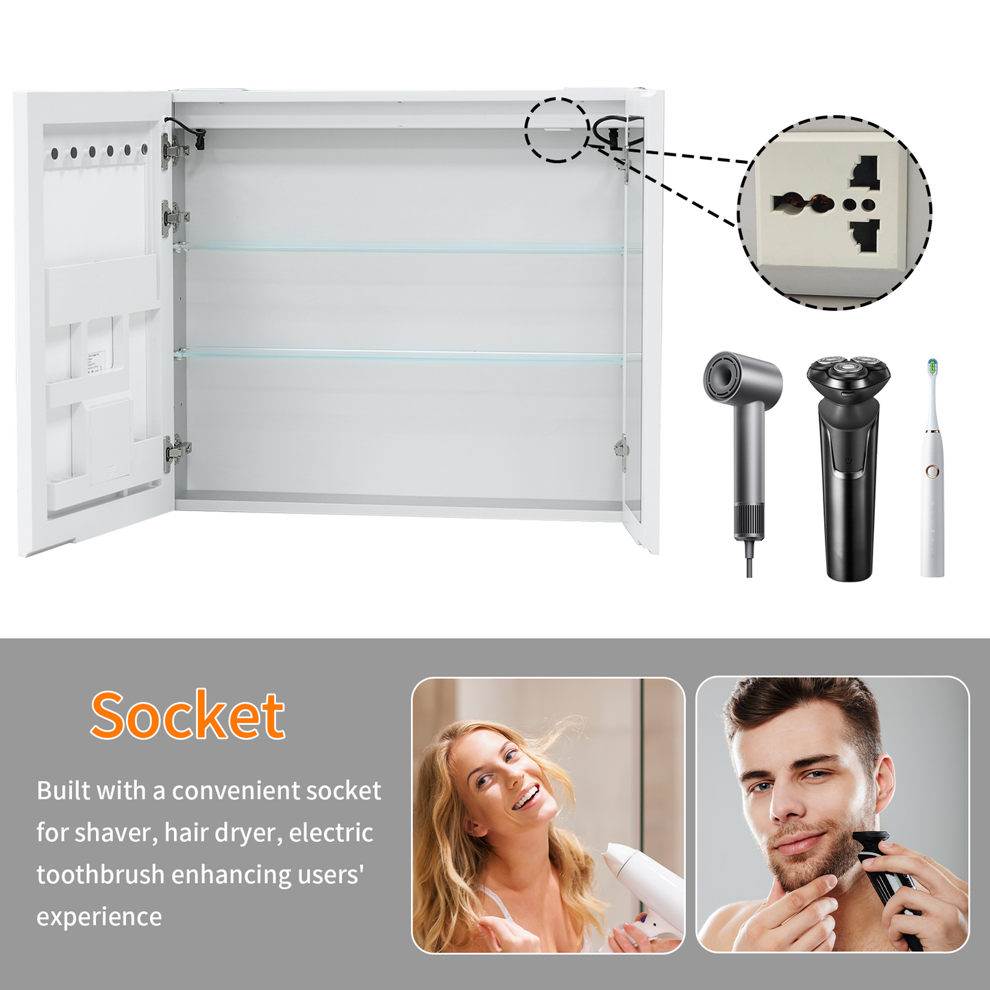 Luvodi - Botiquín LED de 32 x 28 pulgadas con espejo y Bluetooth para baño, antivaho y toma de corriente