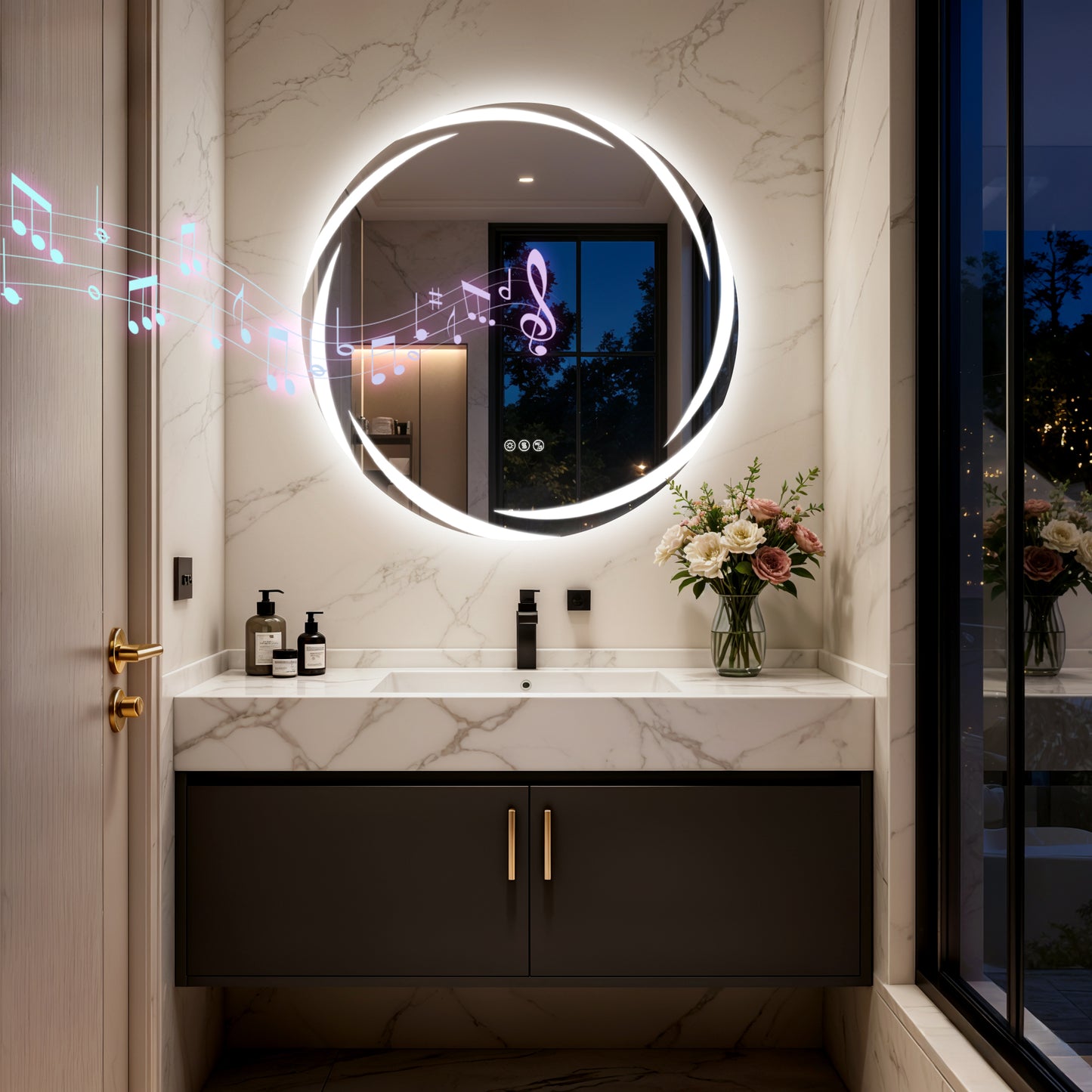 Espejo de pared redondo para baño LUVODI de 31,5" con LED y altavoz Bluetooth dual, antivaho y regulable