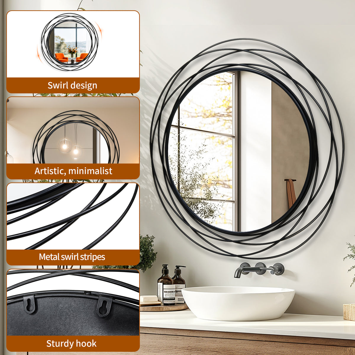 31.5in Large Round Decorative Mirrors, Metal Wire Frame Wall Mirror, Black & Gold