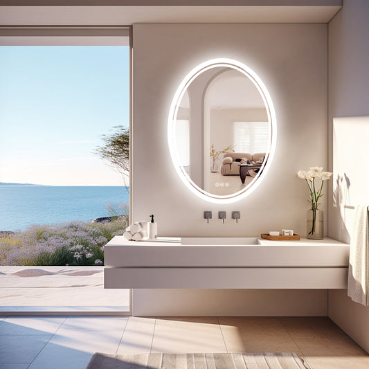 LUVODI Oval Illuminated Bathroom Mirror 3 Colors Defogging Smart Mirror(Glowing Outer Edge)