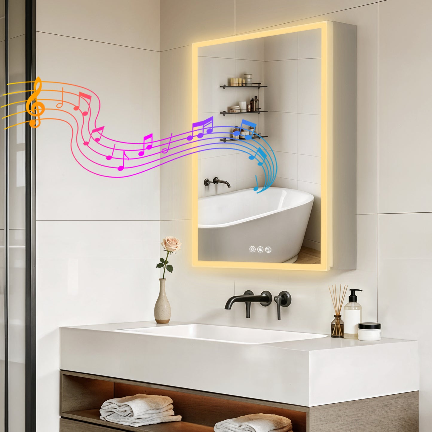 Luvodi - Armario de baño con espejo LED, altavoz Bluetooth, botiquín iluminado y toma de corriente (50 x 70 cm)