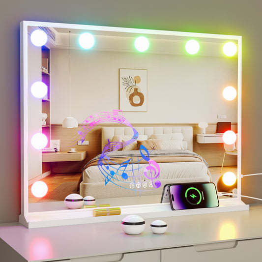 LUVODI Hollywood Vanity Mirror with Lights and Bluetooth Speakers, 32x24in