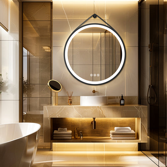 LUVODI Lighted Bathroom Mirror with Strap Round LED Bathroom Mirror