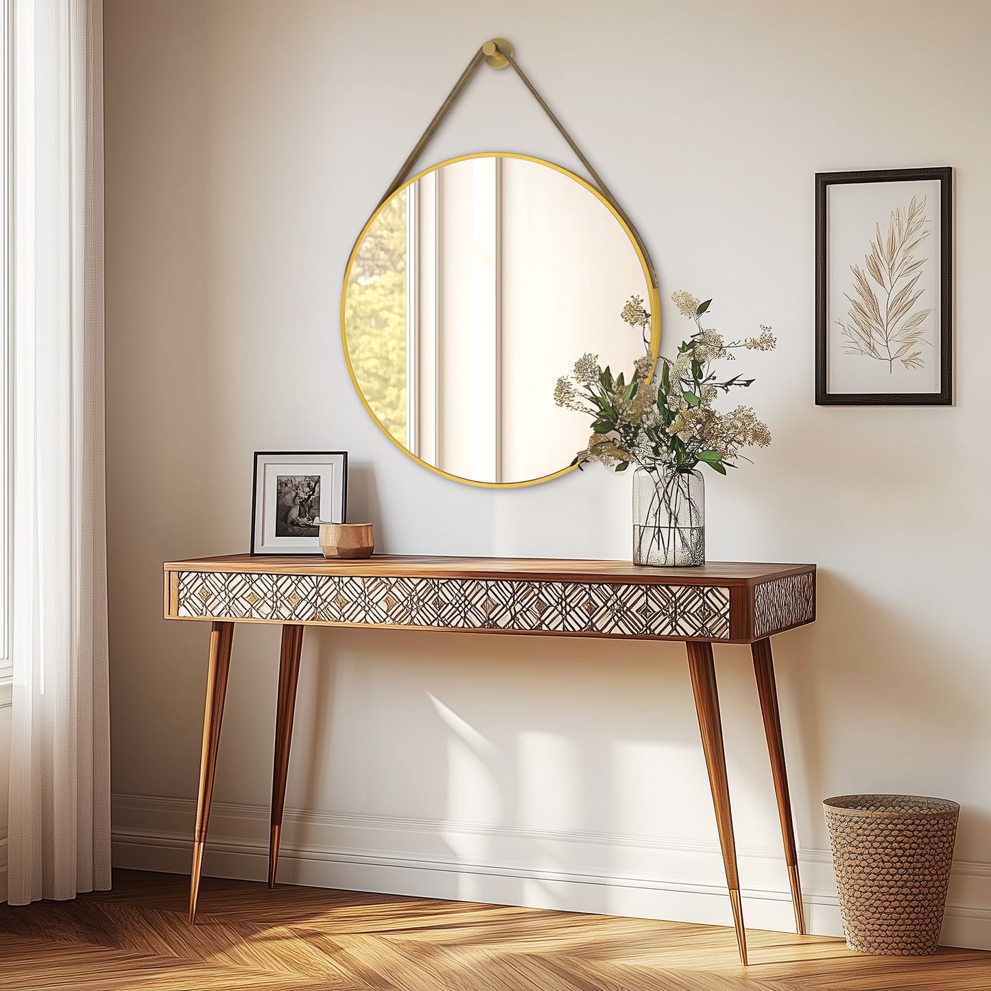 Gold Round Mirror With Hanging Rope For Living Room, Bedroom, Entryway