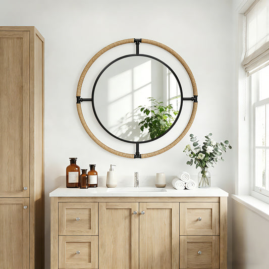 31.5'' Farmhouse Round Mirror, Large Rustic Round Wall Mirror with Hemp Rope
