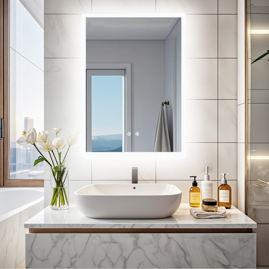 LUVODI Rectangular LED Bathroom Mirror with Lights, 2 Buttons (Glowing Outer Edge)