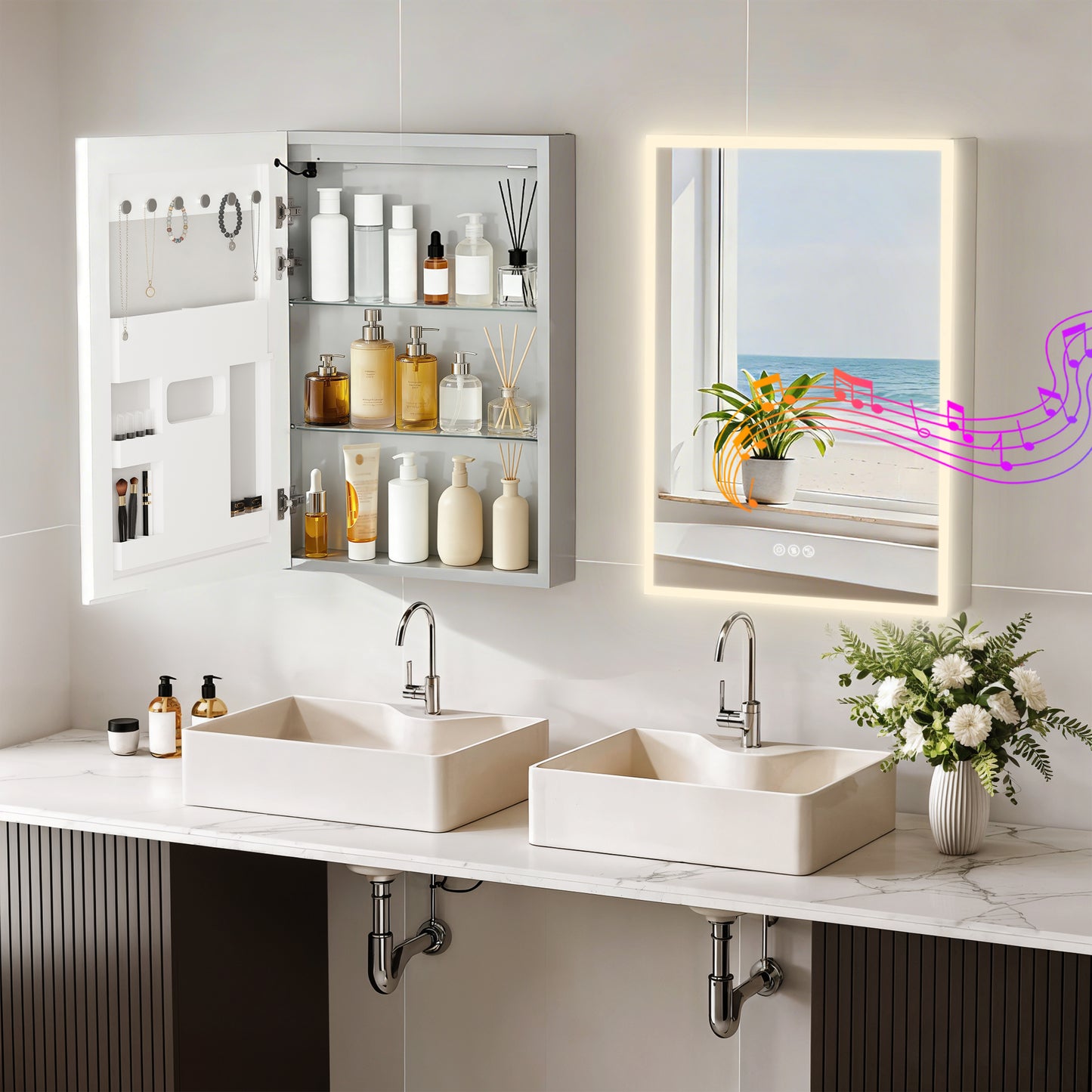 Luvodi - Armario de baño con espejo LED, altavoz Bluetooth, botiquín iluminado y toma de corriente (50 x 70 cm)