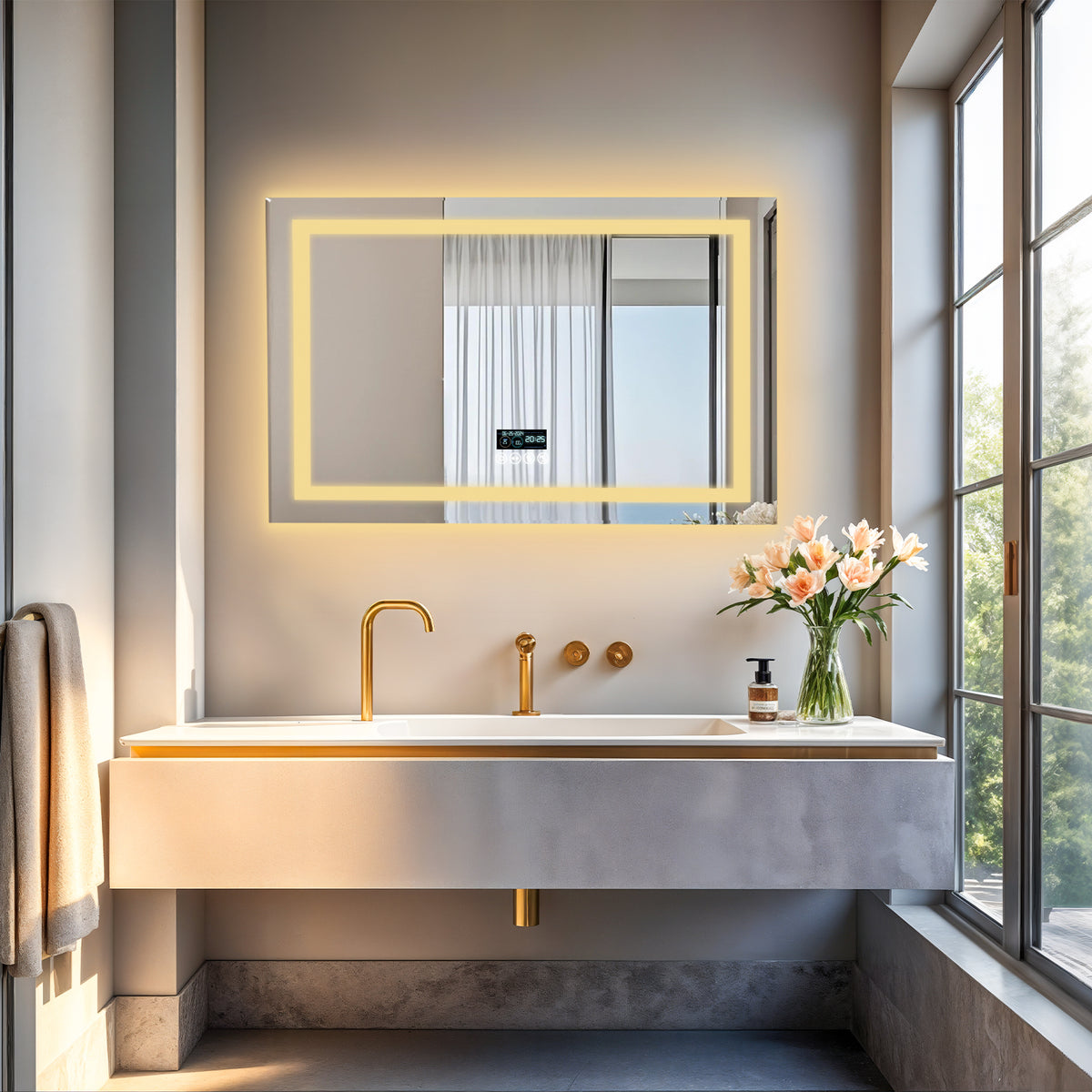 LUVODI LED Bathroom Mirror with Bluetooth Speaker & Screen Display, Tempered Glass Anti Fog Vanity Mirror